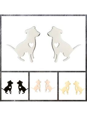 Dog Pitbull and Heart Stainless Steel Stud Earrings #812 (Color: Silver)